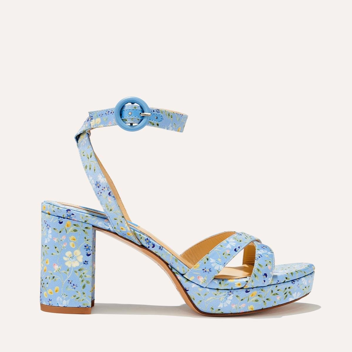 The Platform Sandal - Blue Floral Satin by MARGAUX