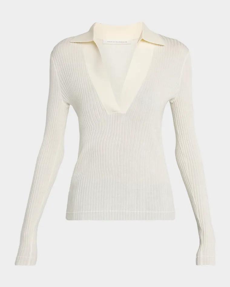 Long-Sleeve Ribbed Merino Wool Polo by MARIA MCMANUS