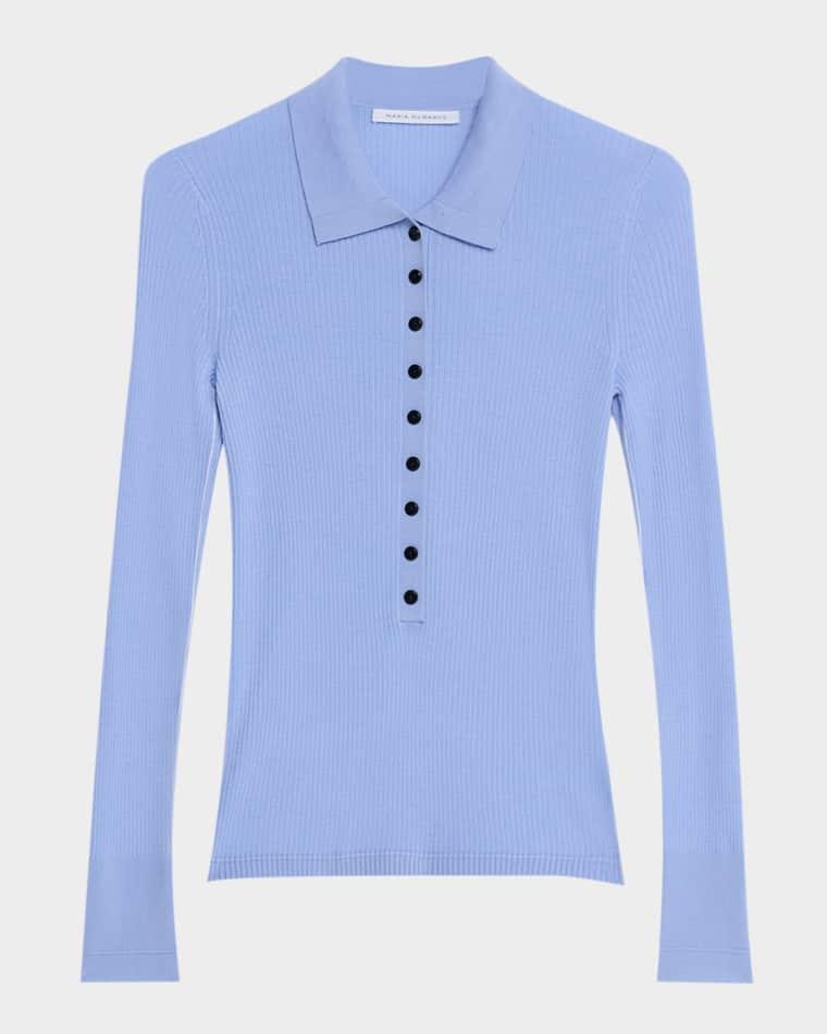 Tiny Button Long-Sleeve Rib Polo Sweater by MARIA MCMANUS