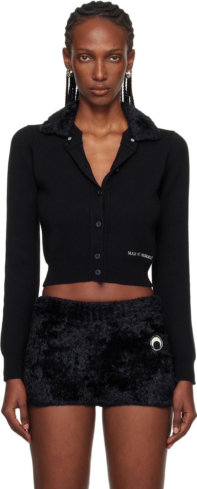 Black Merino Wool Knit Cropped Cardigan by MARINE SERRE