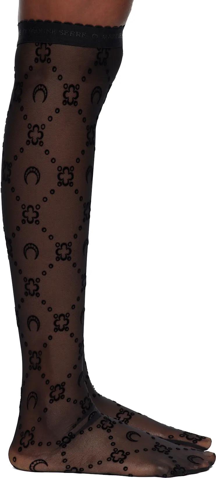 Black Moonogram Mesh Flock Long Socks by MARINE SERRE