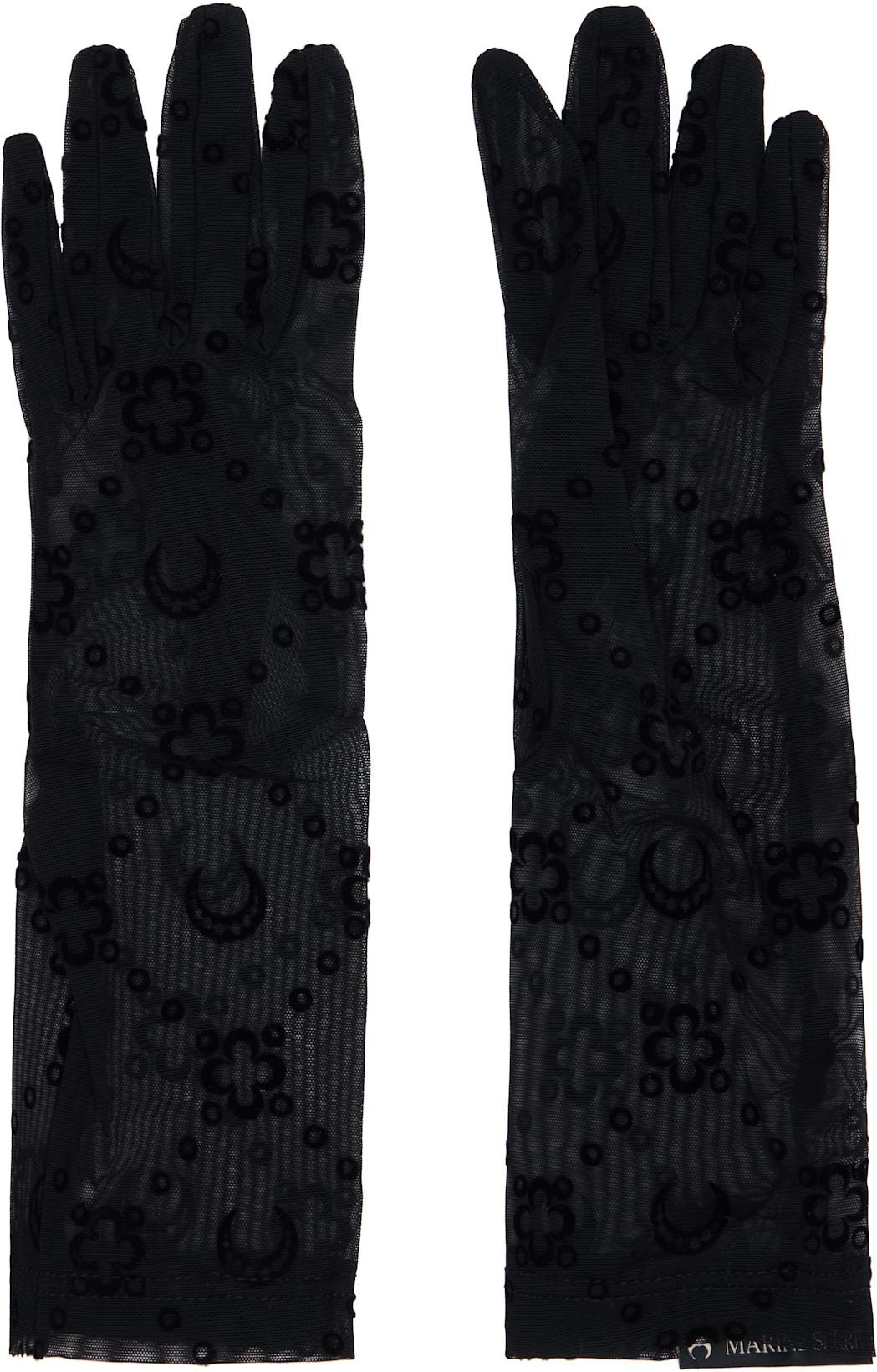 Black Moonogram Mesh Flock Short Gloves by MARINE SERRE