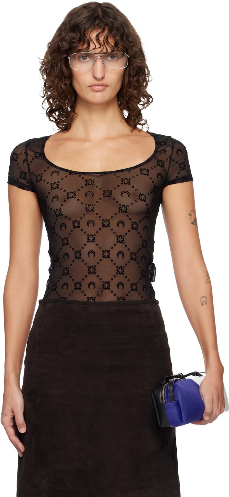 Black Recycled Mesh Flock Open Neck T-shirt by MARINE SERRE