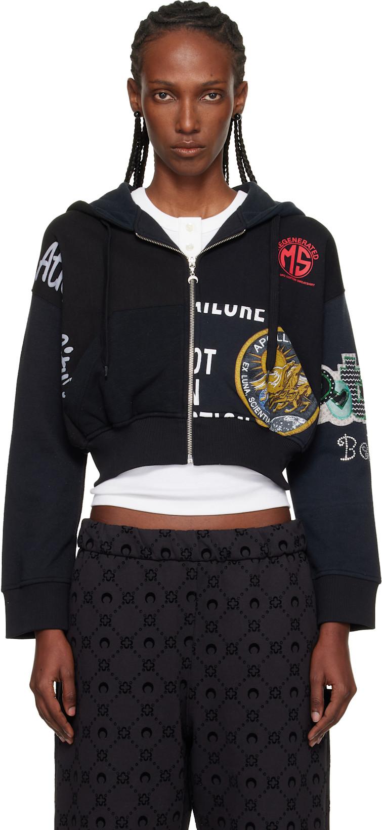 Black Regenerated Graphic Jersey Cropped Zipped Hoodie by MARINE SERRE