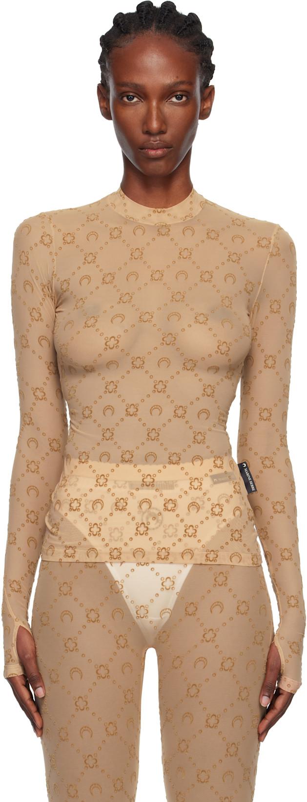 Tan Recycled Mesh Flock Second Skin Highneck Top by MARINE SERRE