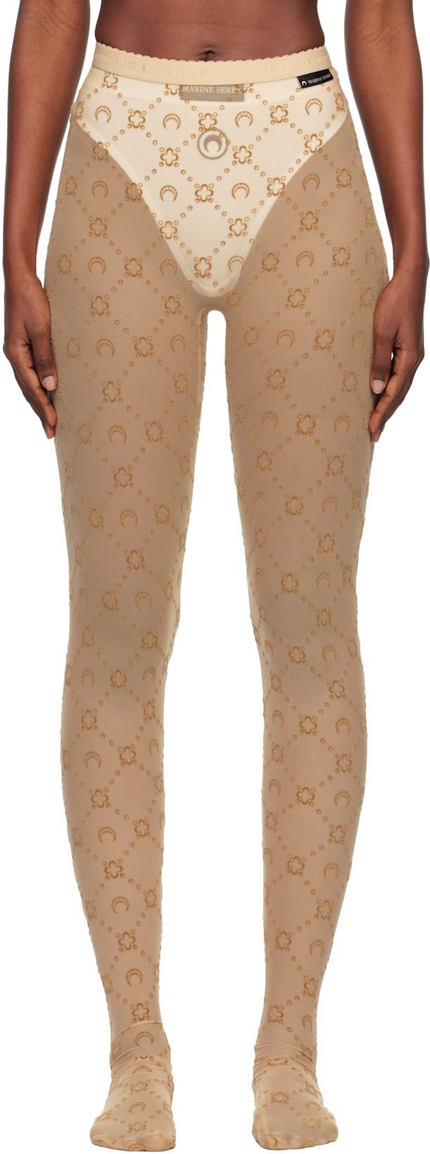 Tan Recycled Mesh Flock Tights by MARINE SERRE