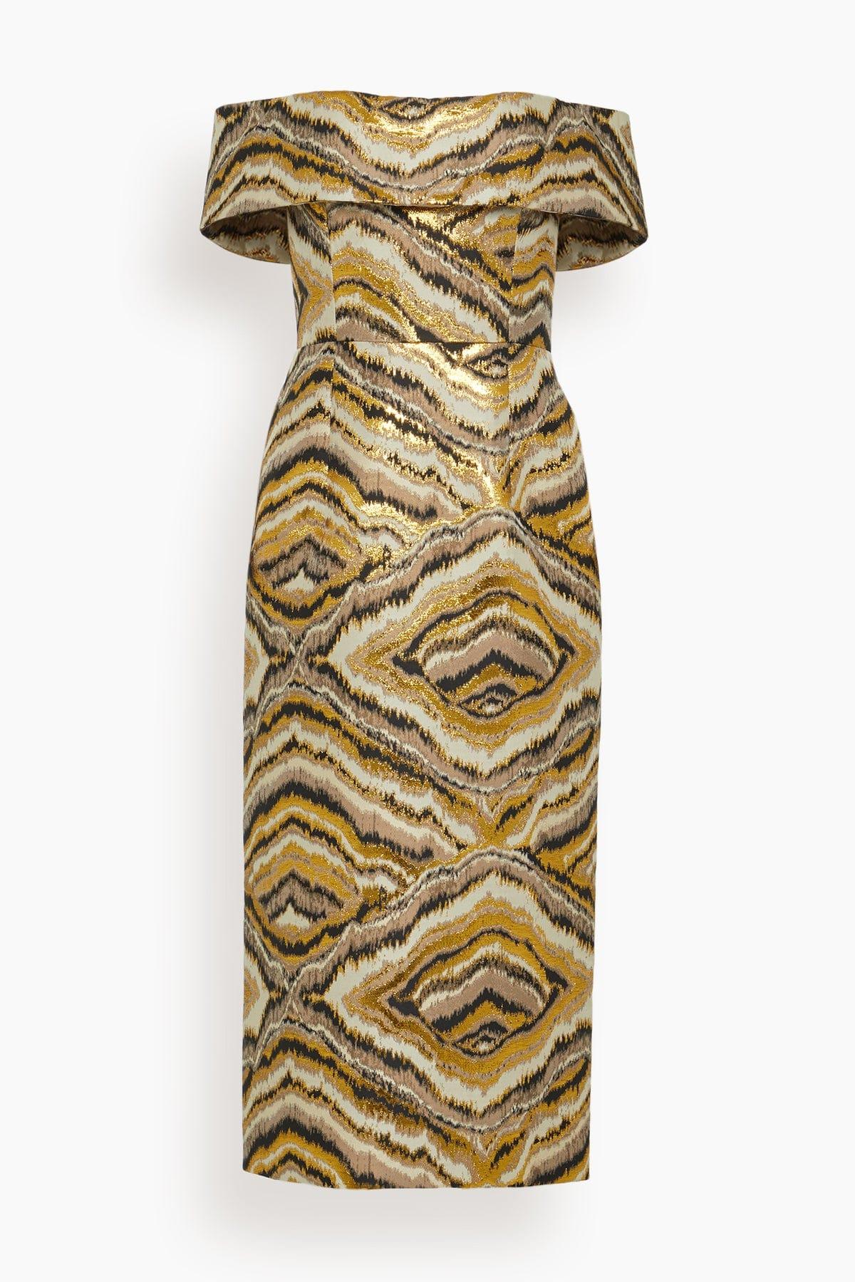 Gloria Jacquard Off The Shoulder Midi Dress in Metallic Woodgrain by MARKARIAN