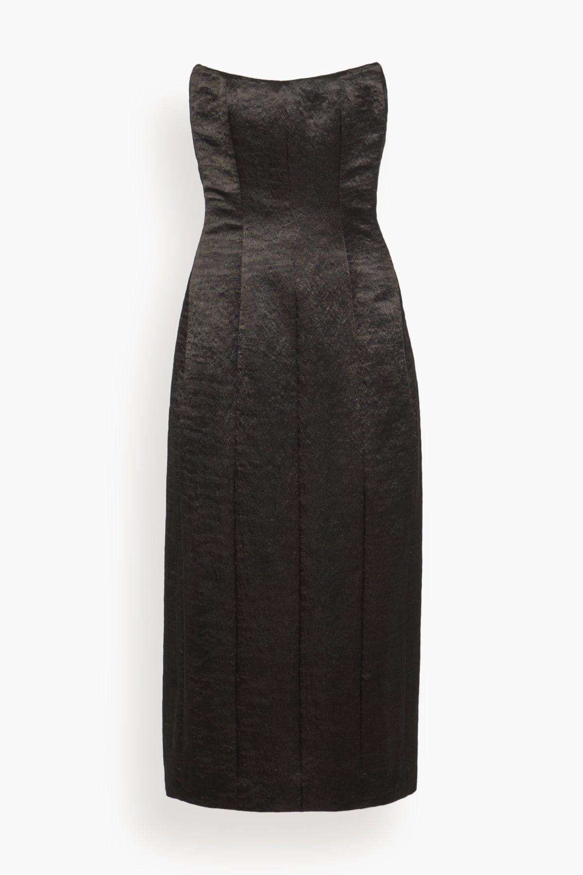 Lana Strapless Midi Dress in Black Hammered Satin by MARKARIAN