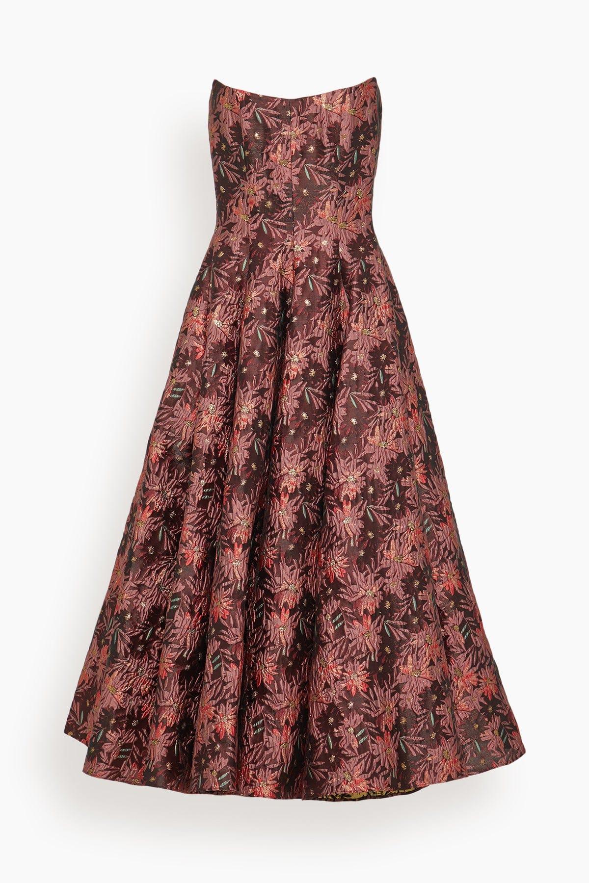 Rousseau Floral Brocade Midi Dress in Burgundy Metallic Daisy by MARKARIAN