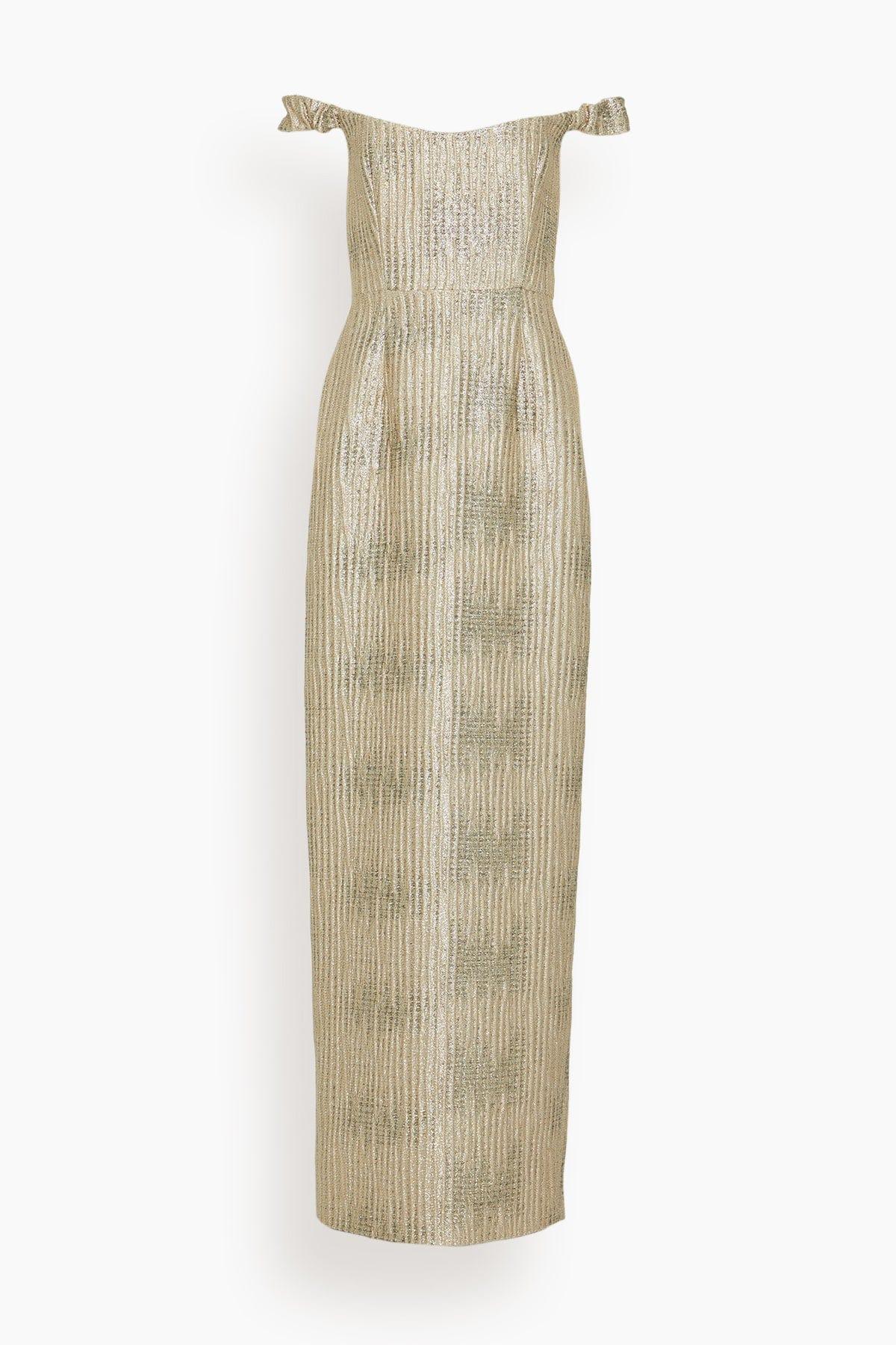 Yolanda Brocade Off The Shoulder Gown in Gold Wavy Stripe by MARKARIAN