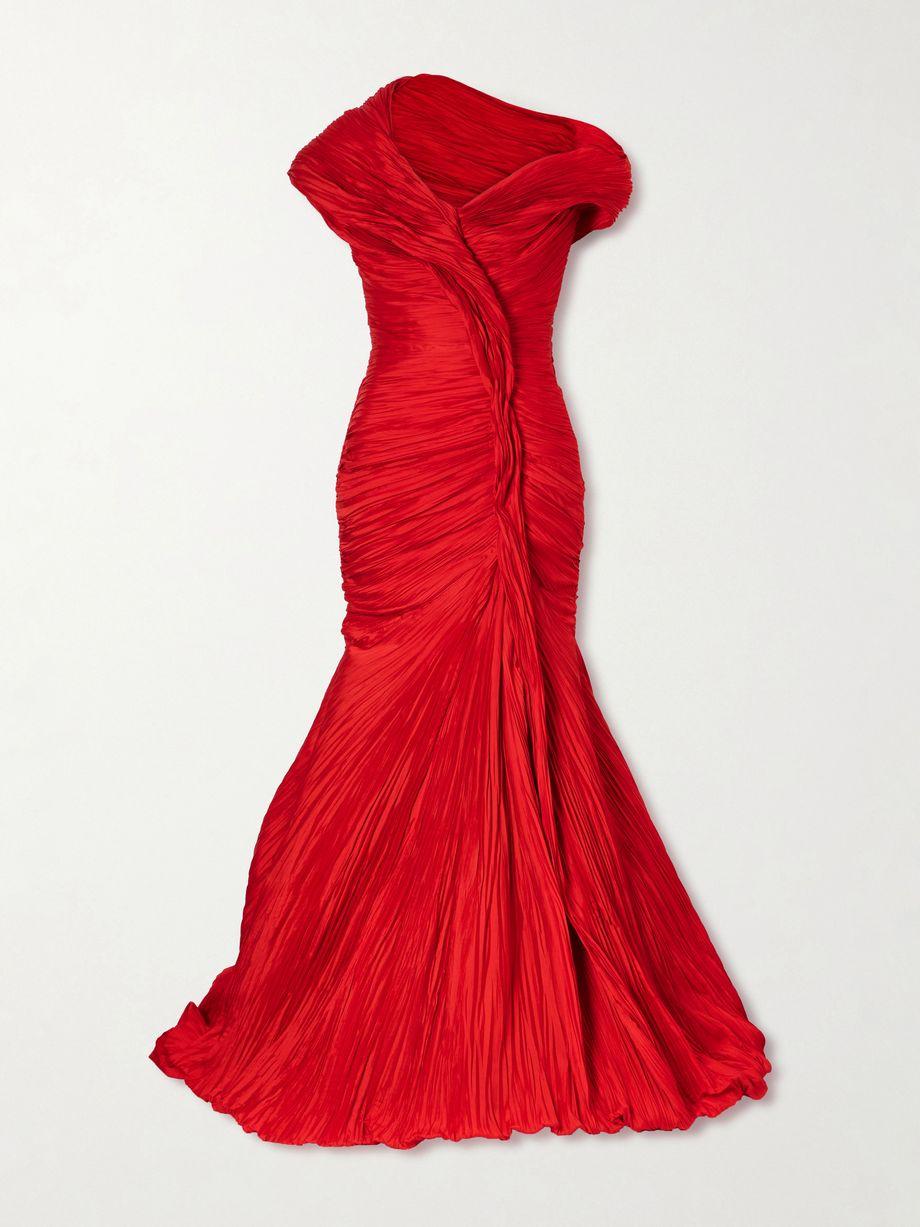 One-shoulder plissé chiffon gown by MARMAR HALIM