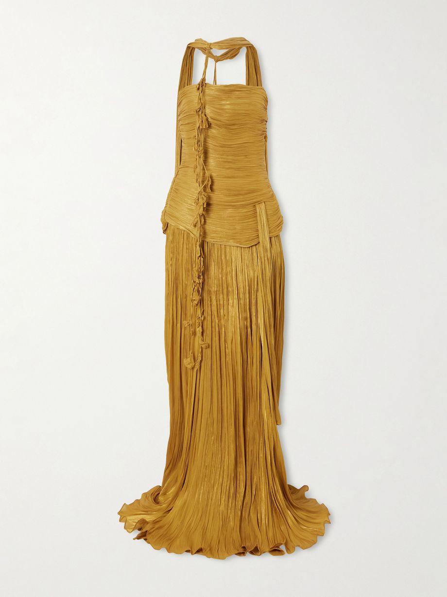 Strapless scarf-detailed metallic plissé-satin gown by MARMAR HALIM