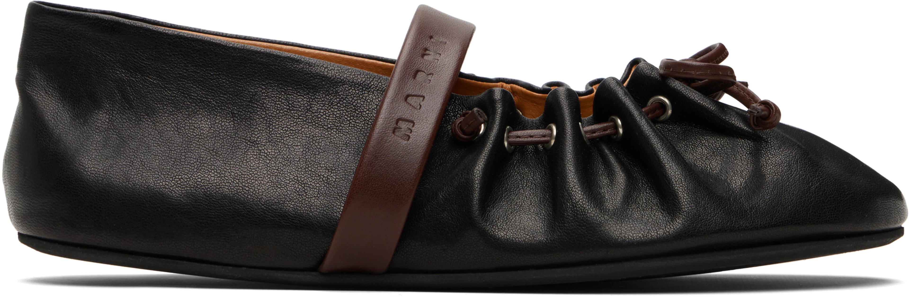Black Leather Mary Jane Soft Ballerina Flats by MARNI