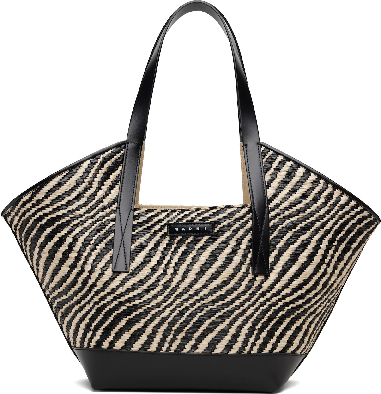 Black & White Raffia-Effect Waves Small Tote by MARNI