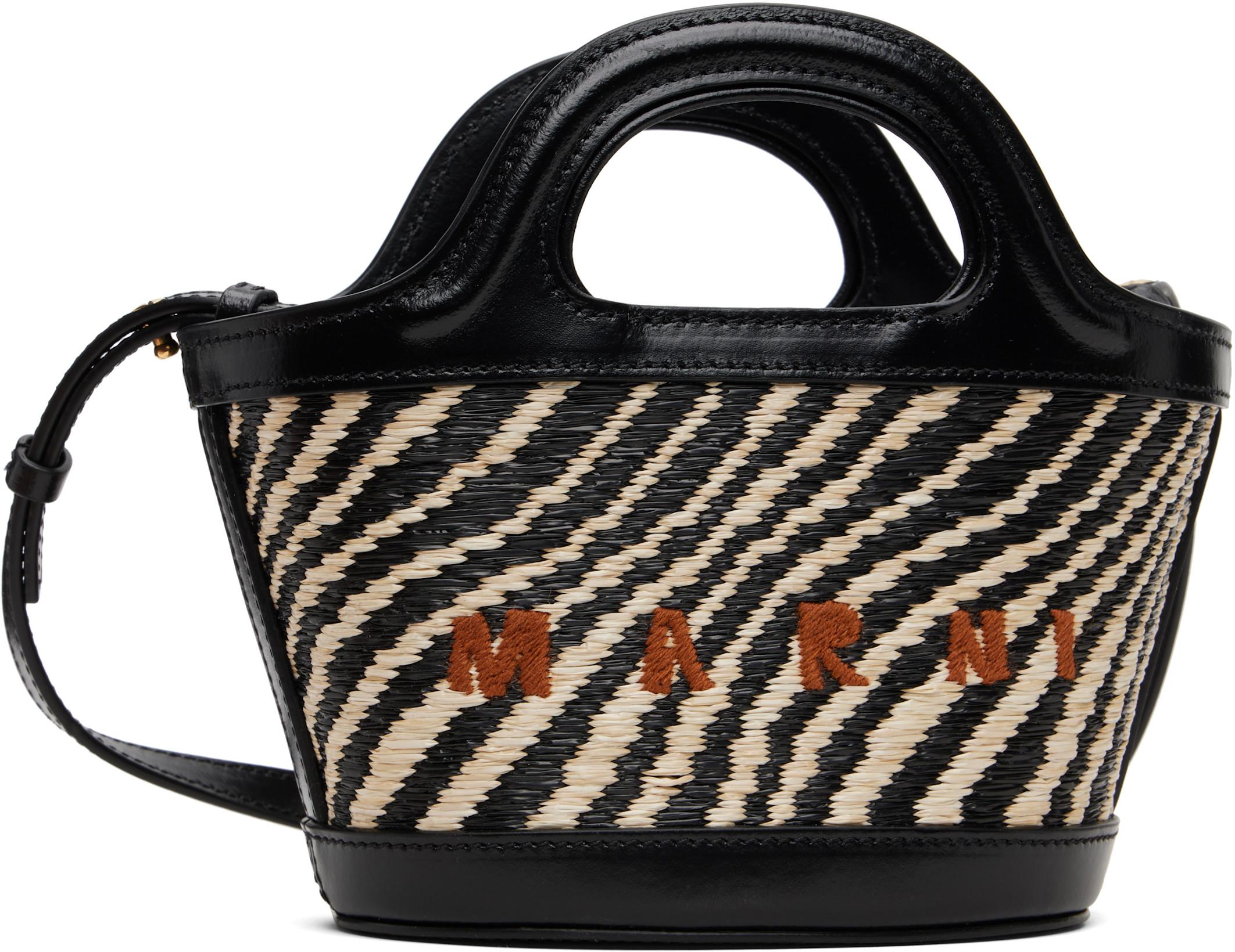 Black & White Wavy Raffia-Effect Tropicalia Micro Tote by MARNI