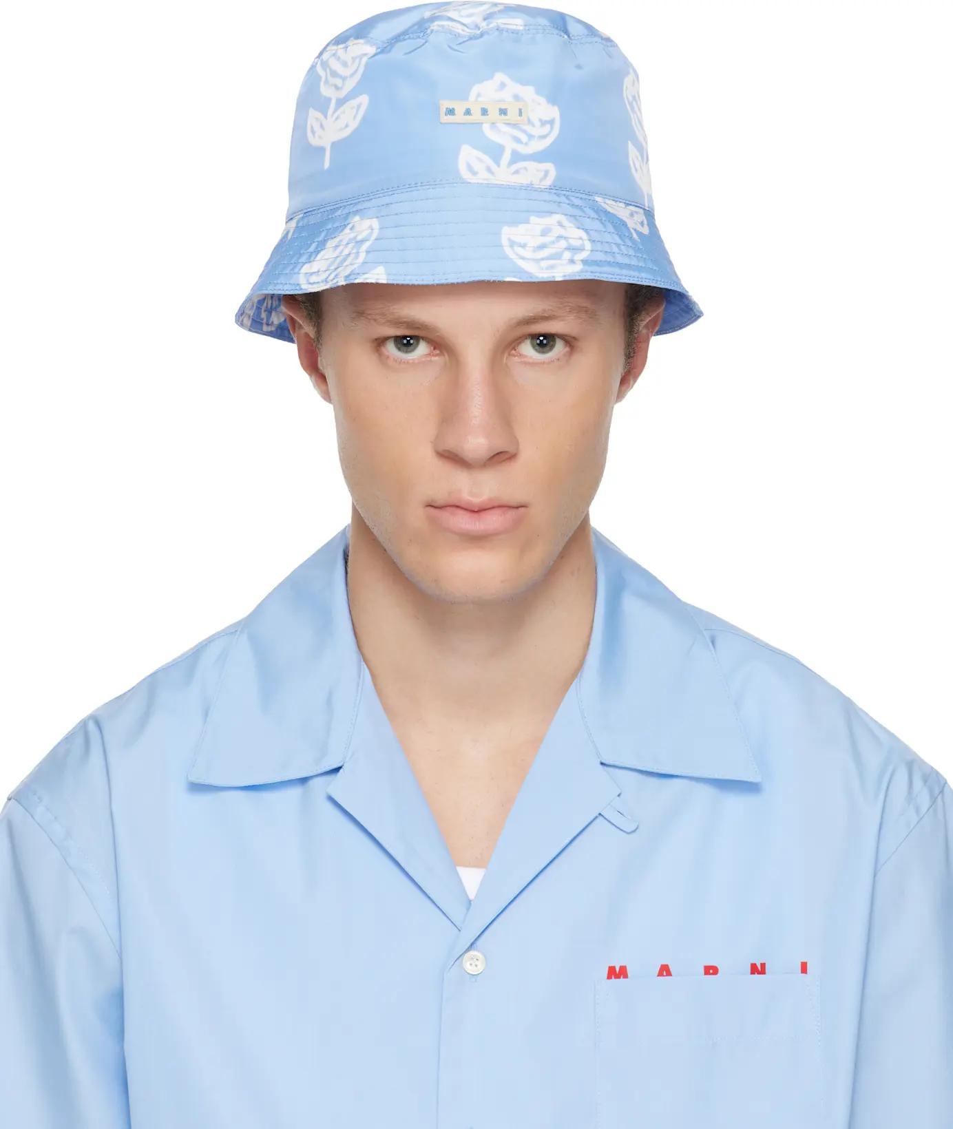 Blue Sprayed Roses Print Taffeta Bucket Hat by MARNI