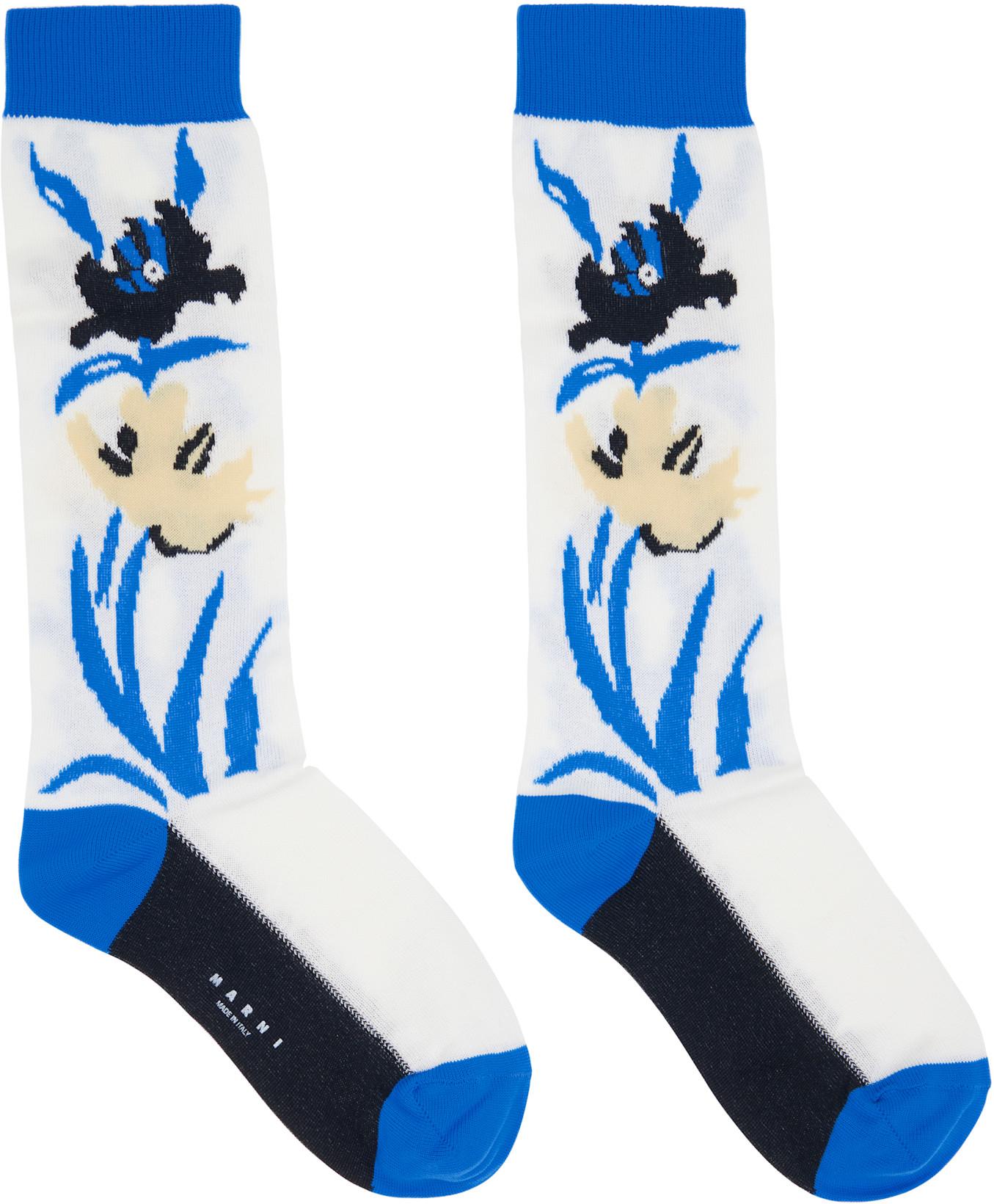 Blue & White Intarsia Flower Mid-Calf Socks by MARNI