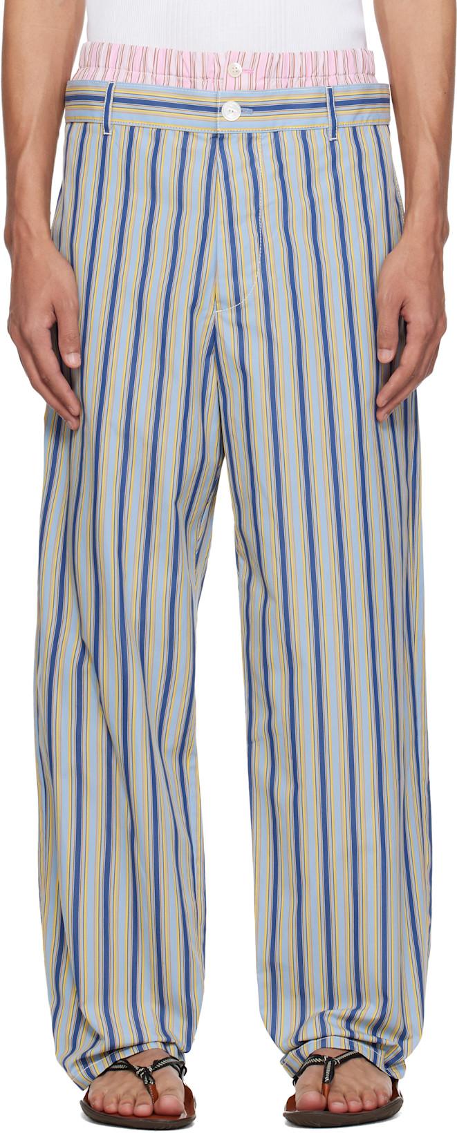 Blue & Yellow Striped Poplin Trompe L'Oeil Effect Trousers by MARNI