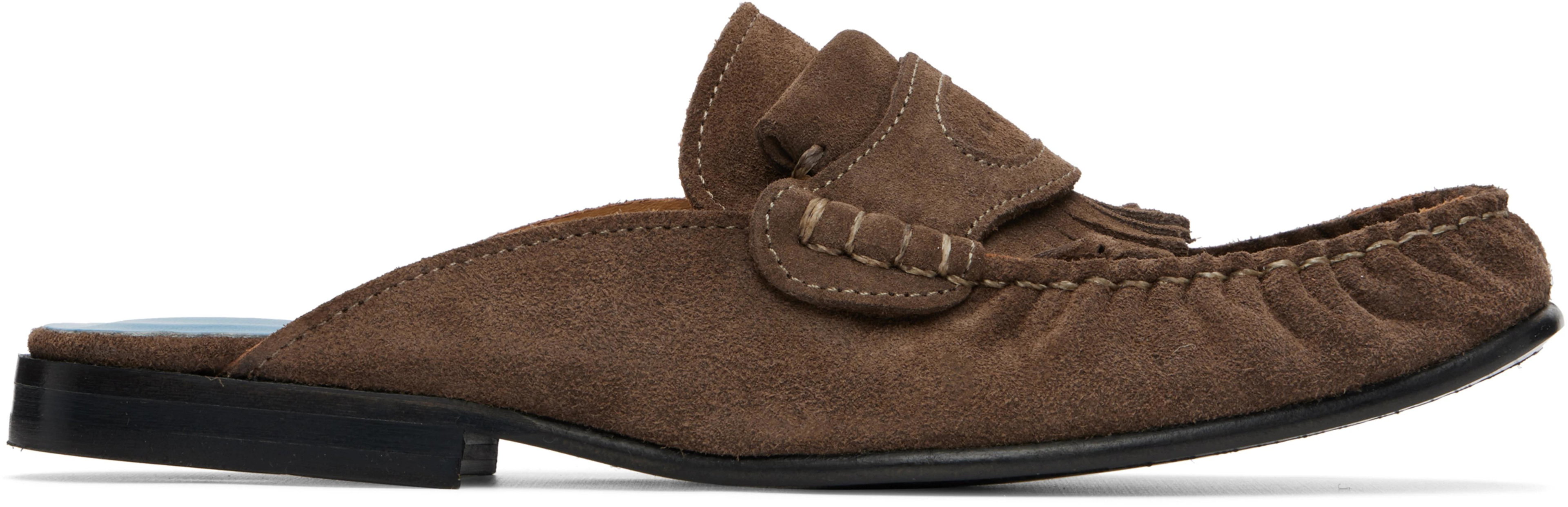 Brown Suede Sabot Fringed Trim Slip-on Loafers by MARNI