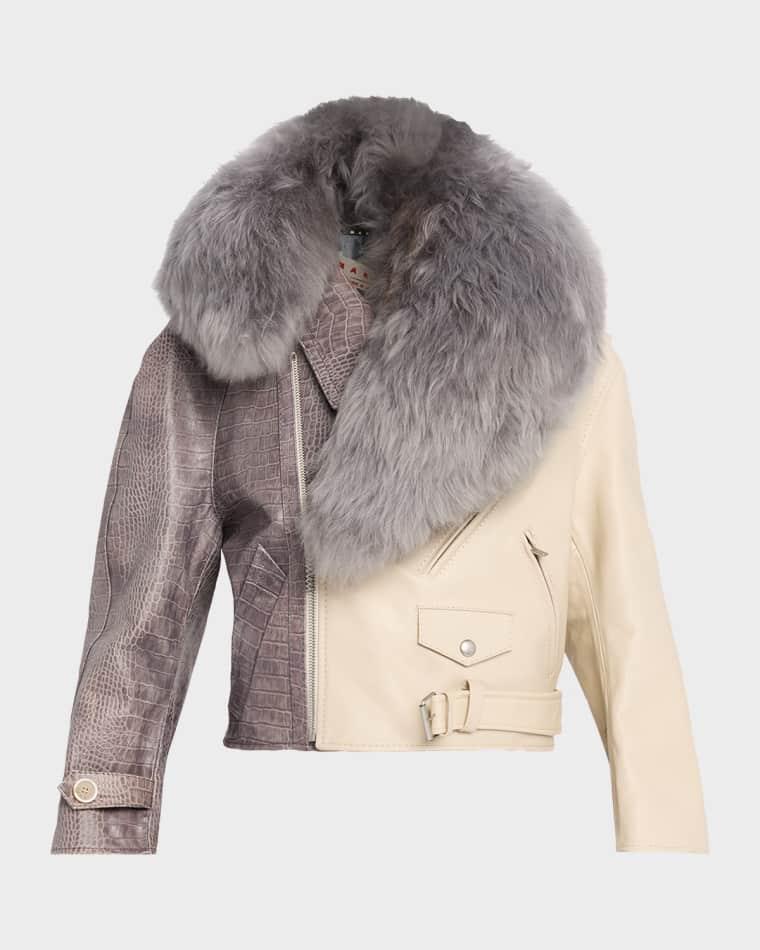 Croco-Embossed Leather Moto Jacket With Lamb Shearling Collar by MARNI