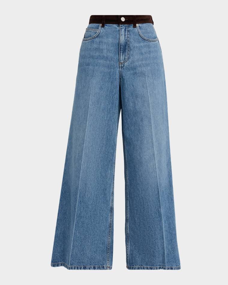 Flower Patch Velvet-Waistband Wide-Leg Denim Trousers by MARNI