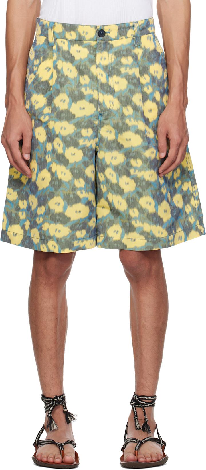 Green & Yellow Linen Blend Blurry Floral Print Shorts by MARNI