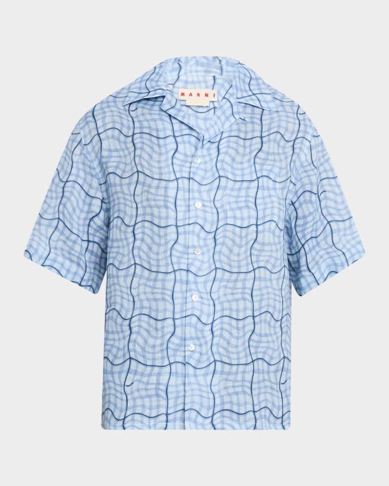 Men's Linen Wavy Grid Plaid Short-Sleeve Shirt by MARNI