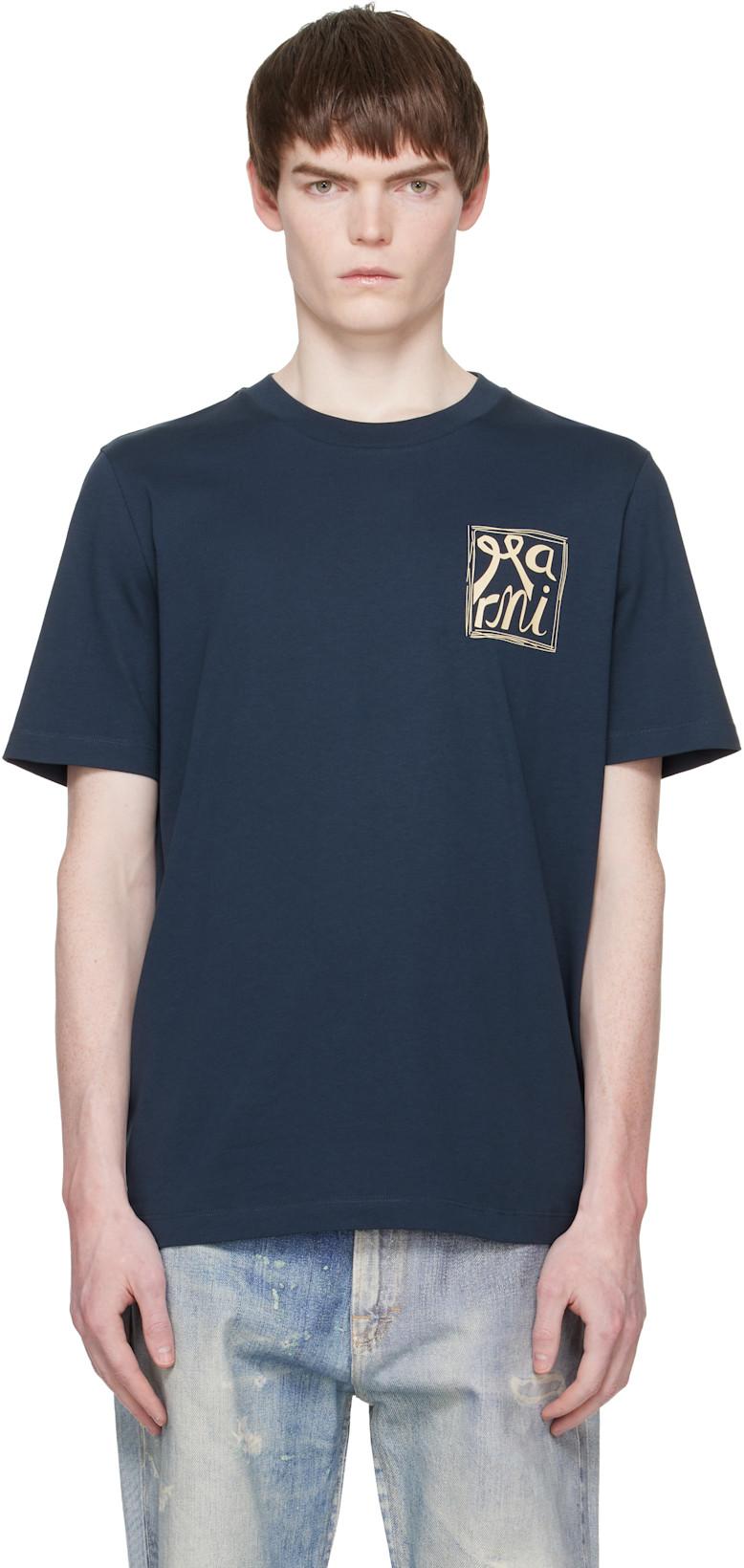 Navy Cotton 'Marni Frame Logo Print' T-shirt by MARNI