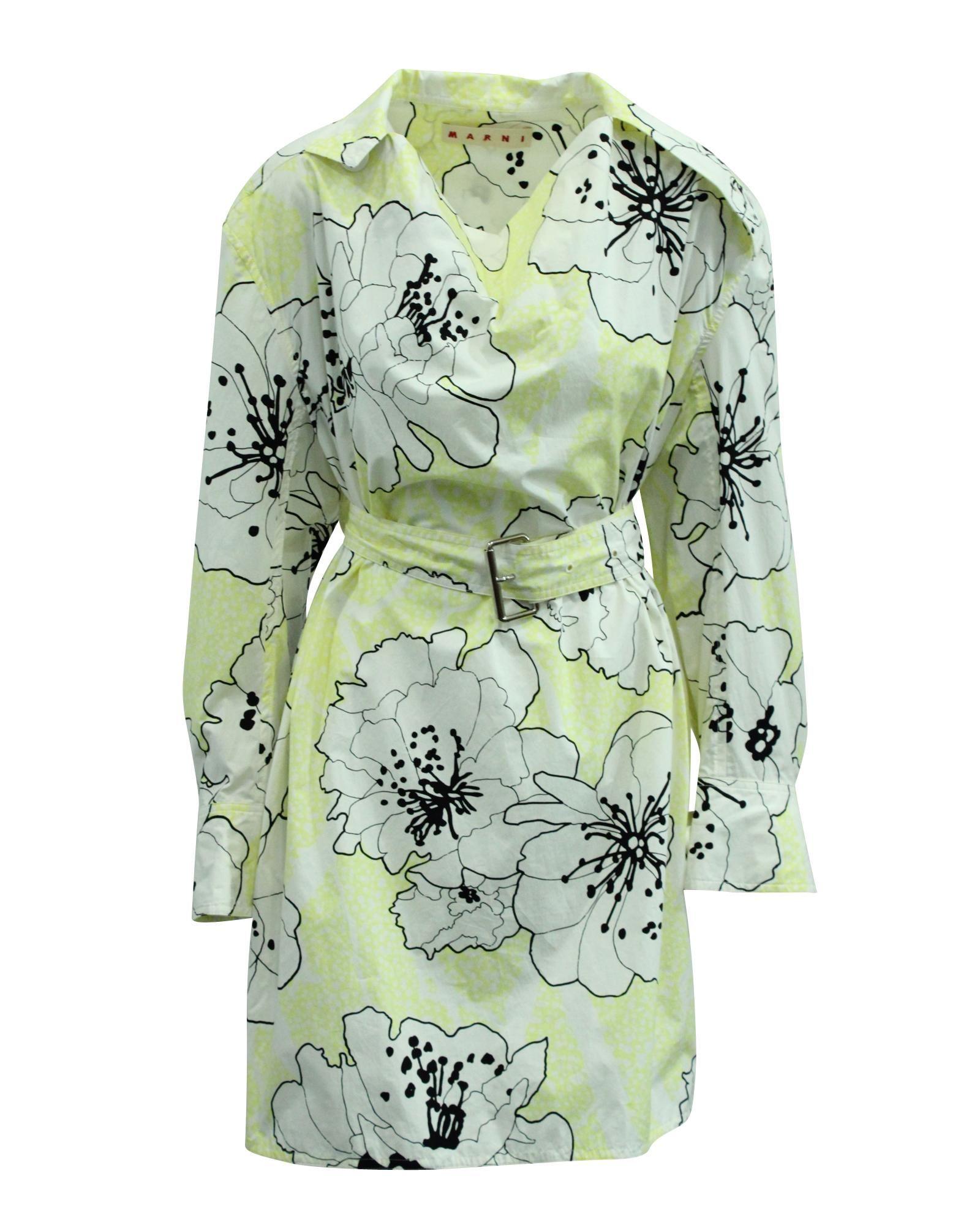 Preloved Floral Print Shirt Dress with Belt Wo - Yellow Mini by MARNI