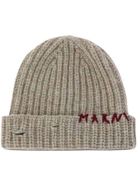 Shetland wool beanie with mending-embroidery by MARNI