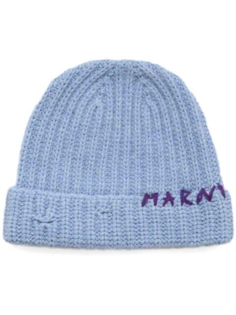 Shetland wool beanie with mending-embroidery by MARNI