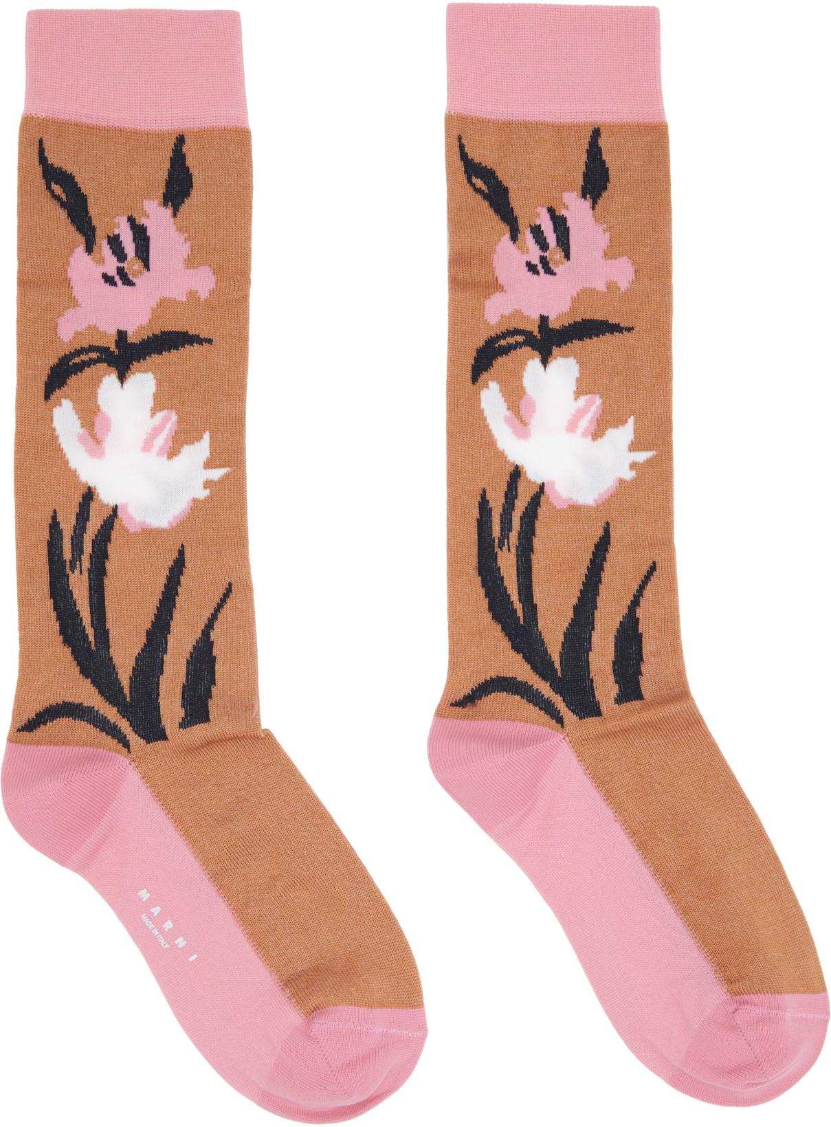 Tan & Pink Intarsia Flower Mid-Calf Socks by MARNI