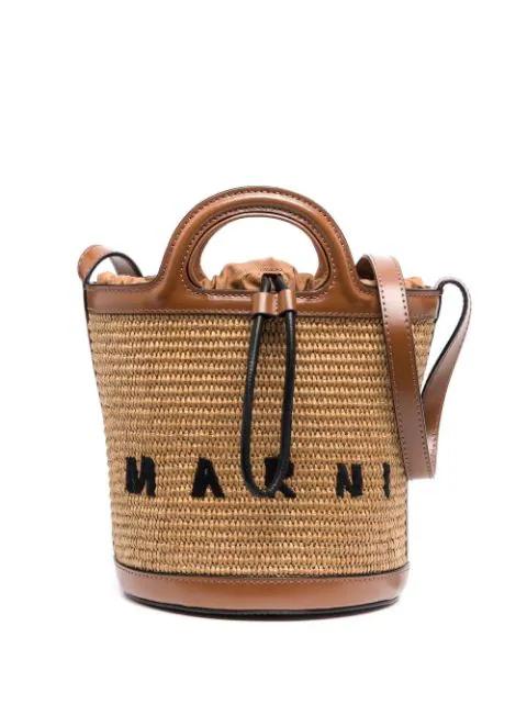 Tropicalia small bucket bag in leather and raffia-effect fabric by MARNI