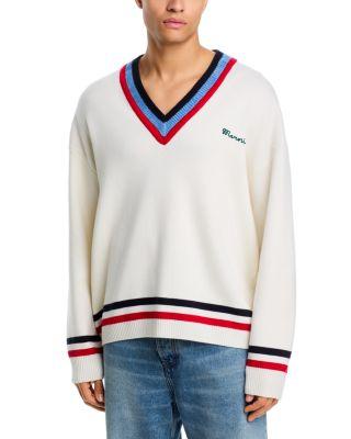 V Neck Stripe Logo Sweater by MARNI