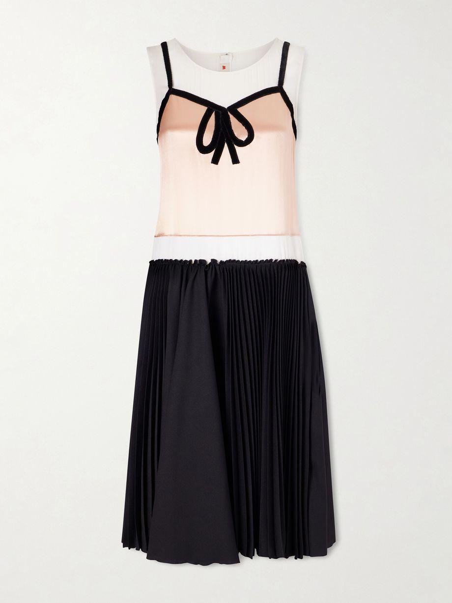 Velvet-trimmed pleated satin midi dress by MARNI