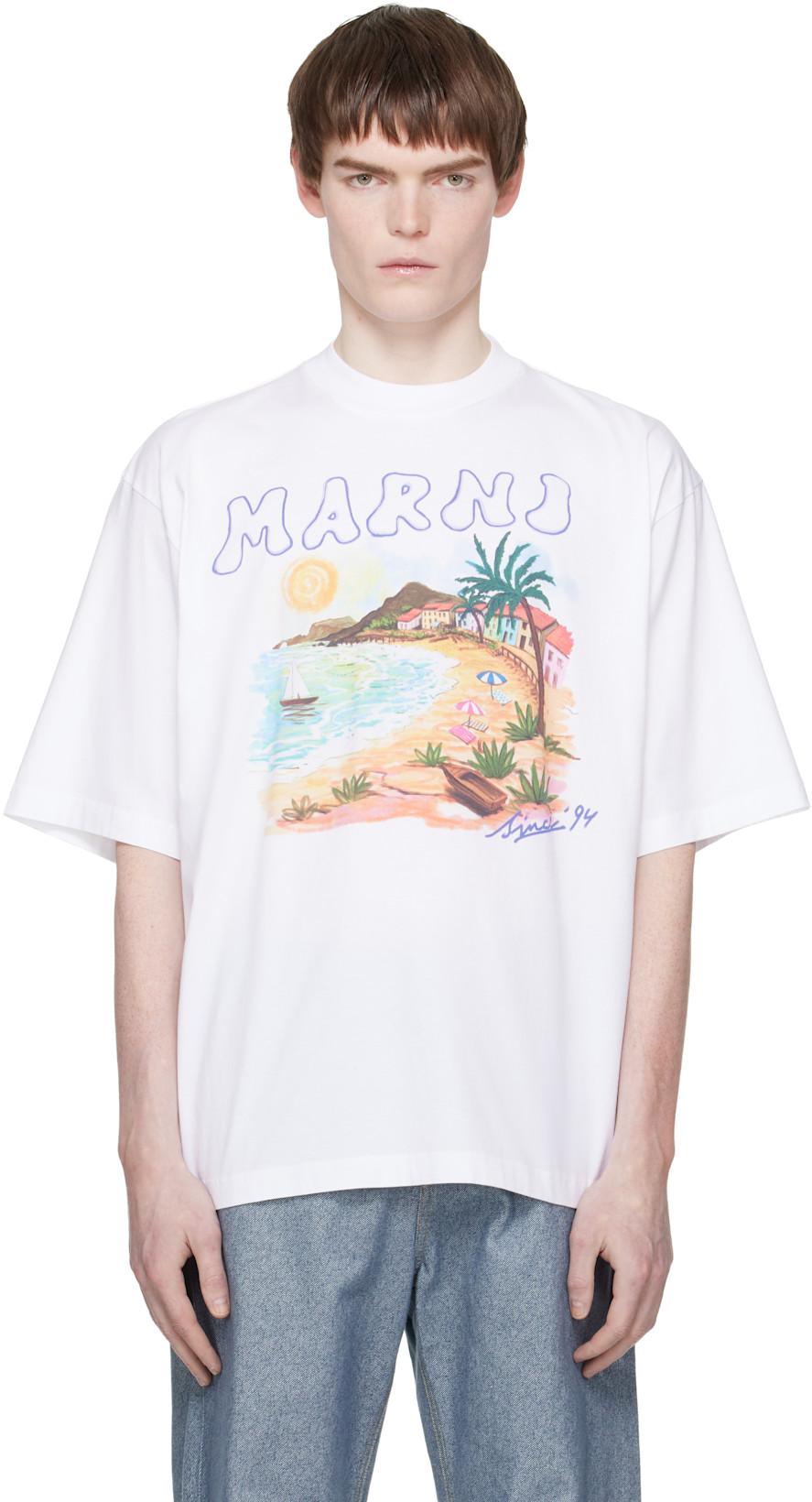 White Cotton 'Marni Beach Postcard Print' T-shirt by MARNI