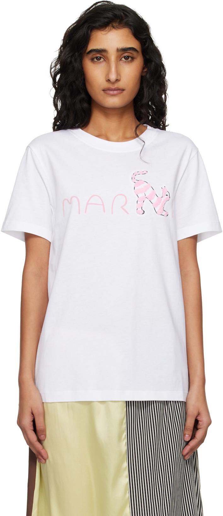 White Marni Logo Flock Fluffy Cat Jersey T-shirt by MARNI