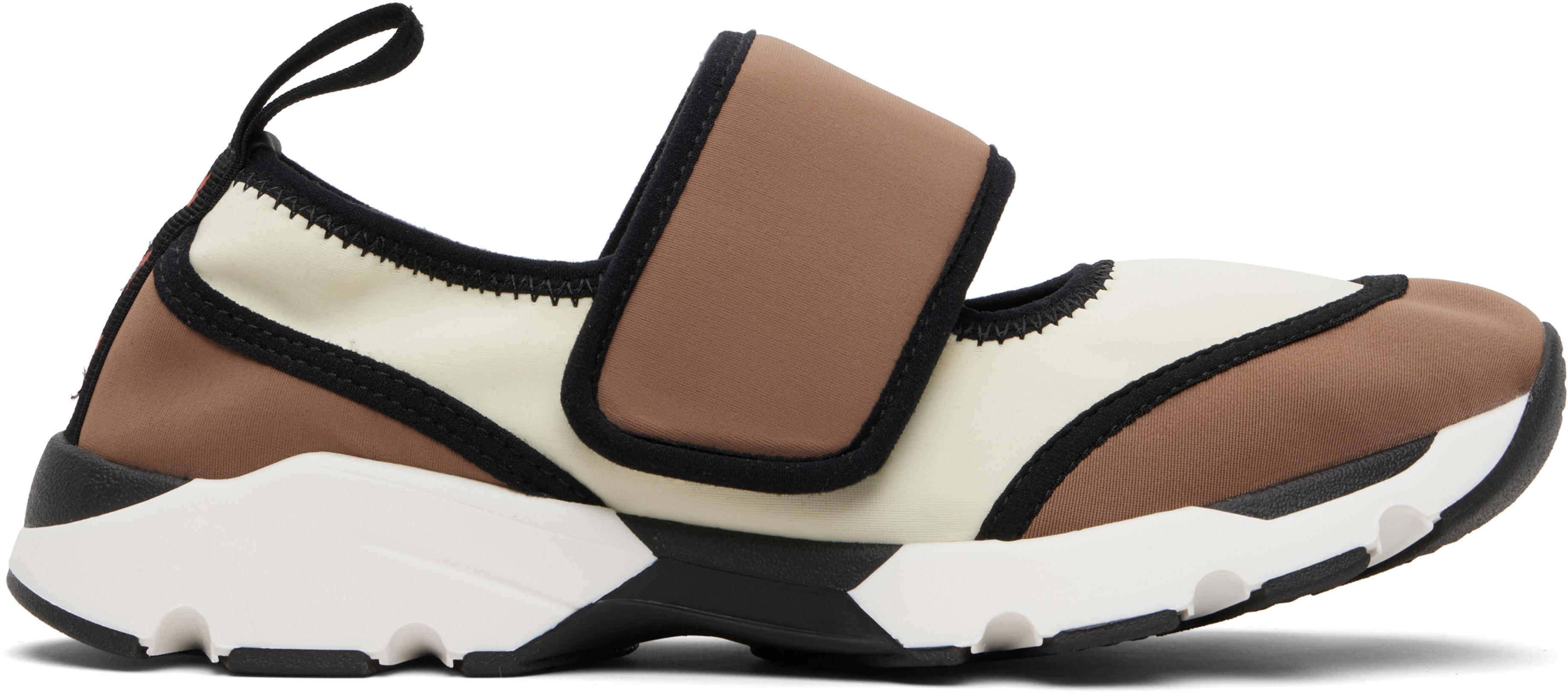 White & Brown Lycra Mary Jane Running Sneakers by MARNI