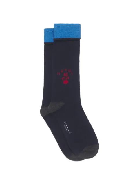 deep blue wool-cashmere socks with crest logo by MARNI