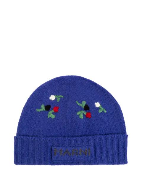 floral-embroidered ribbed-trim wool beanie by MARNI