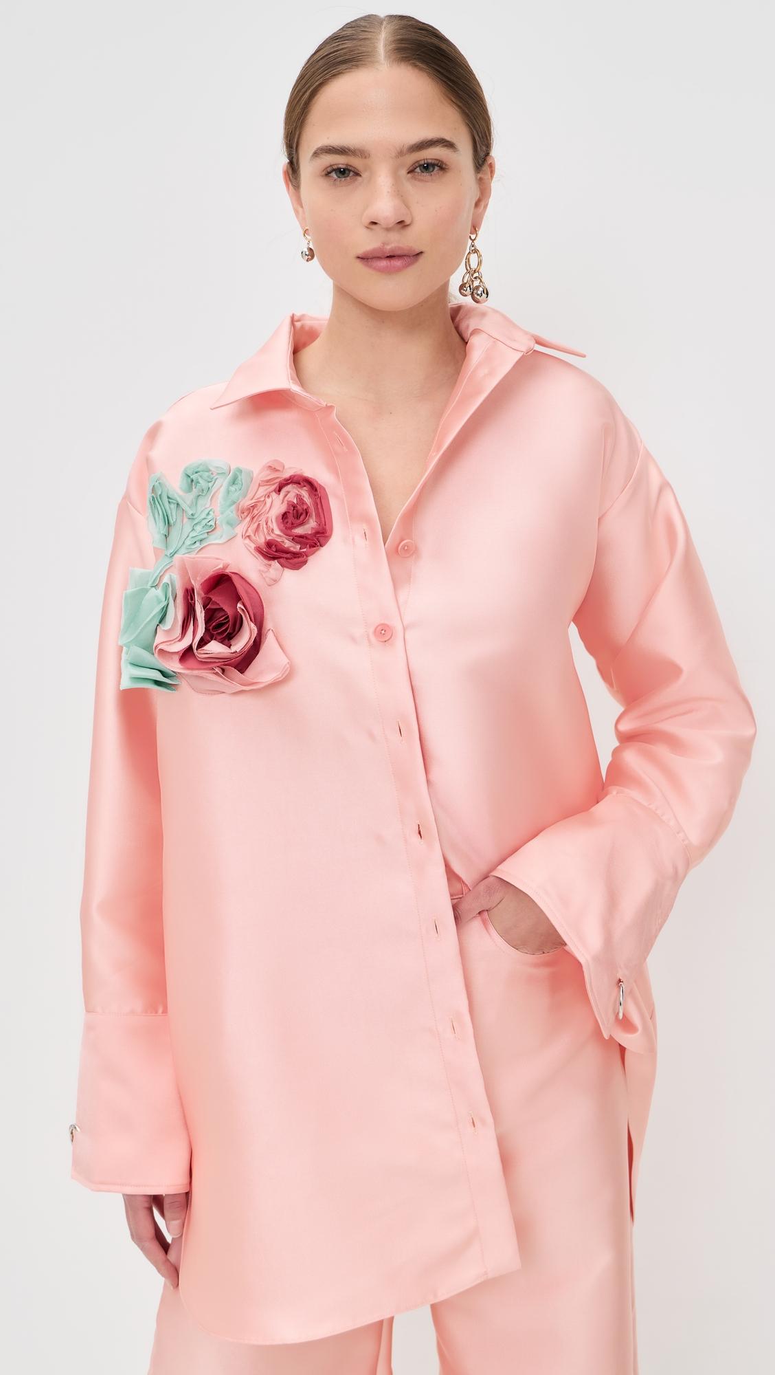 Heavy Satin Flower Embellished Oversized Shirt by MARQUES' ALMEIDA