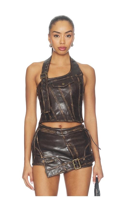 MARRKNULL Off-shoulder Leather Crop Top in Brown by MARRKNULL