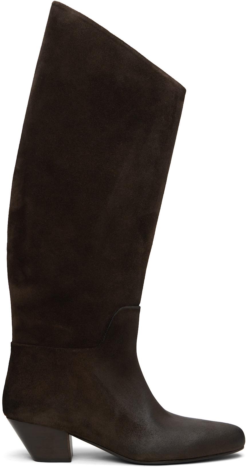 Brown Goccio Reversed Leather Tall Boots by MARSELL