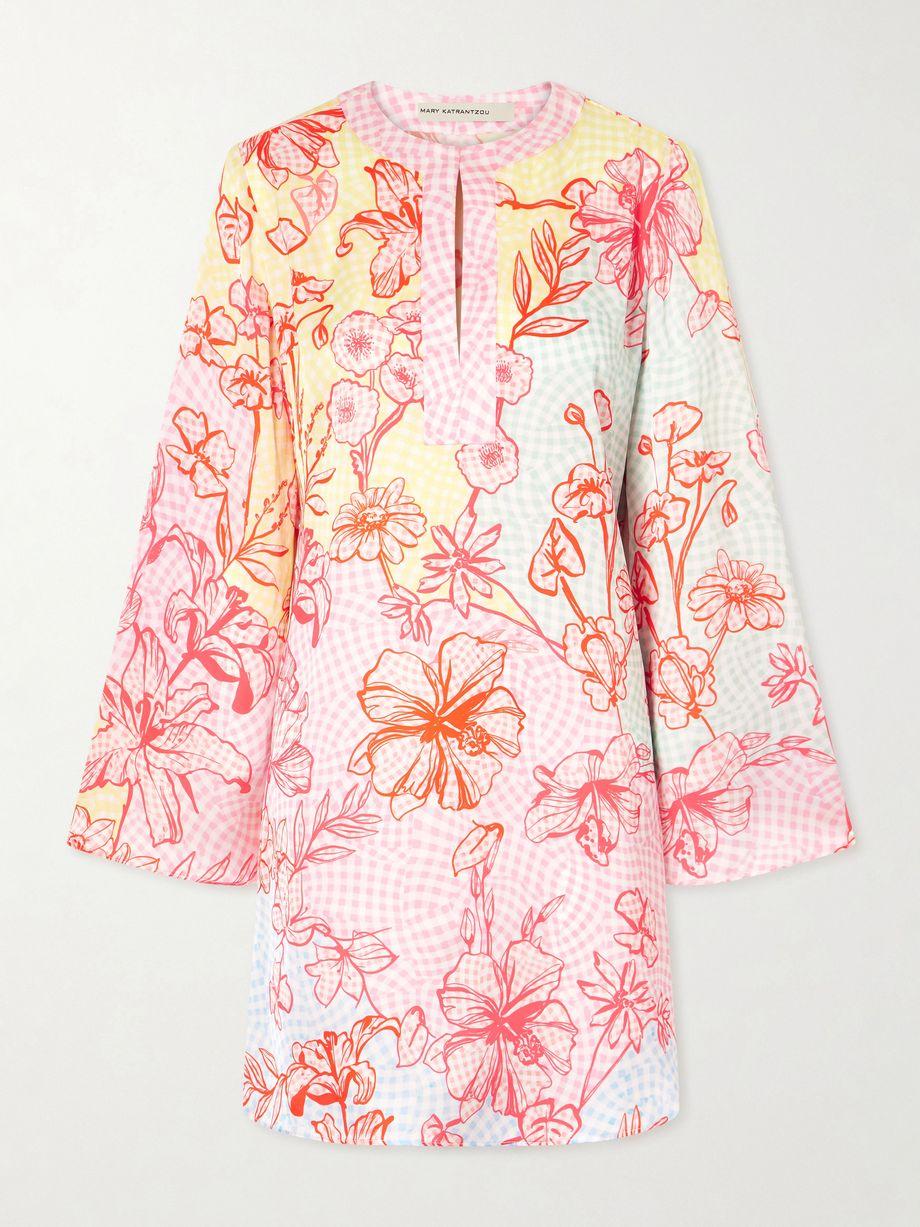 Elsa checked floral-print satin midi dress by MARY KATRANTZOU
