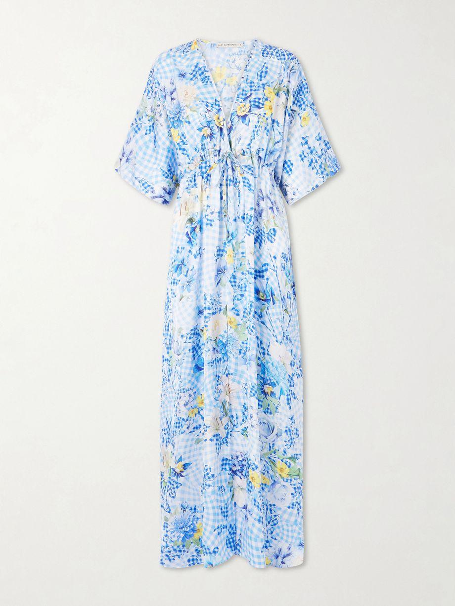 Taormina checked floral-print satin kaftan by MARY KATRANTZOU