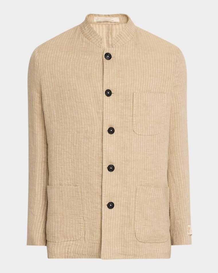 Men's Linen and Cotton Band-Collar Stripe Jacket by MASSIMO ALBA