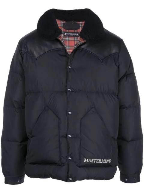 leather-panelled puffer coat by MASTERMIND