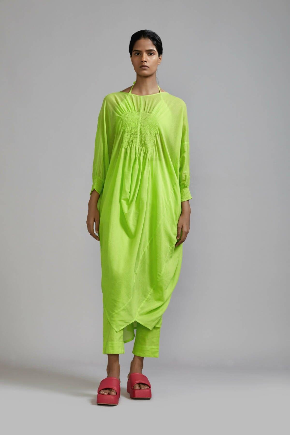 Neon Green Smocked Cowl Tunic by MATI