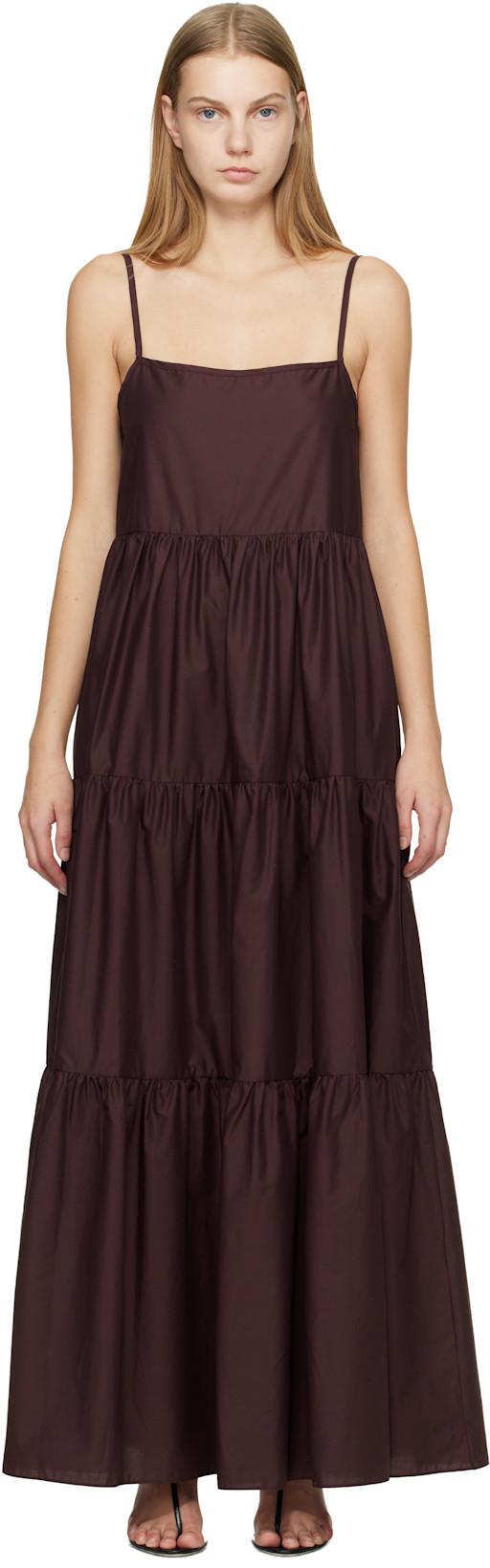 Burgundy Tiered Low Back Maxi Dress by MATTEAU