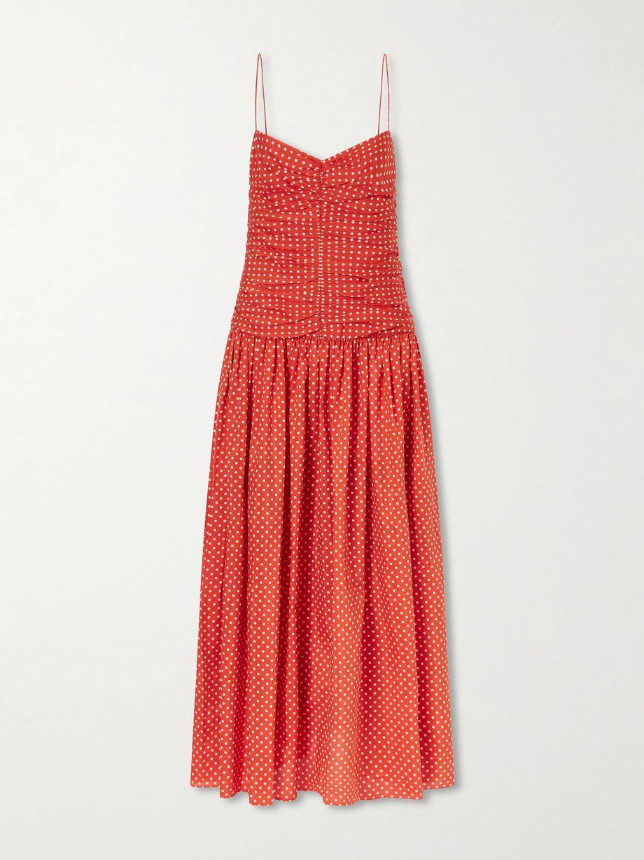 Gathered polka-dot organic cotton and silk-blend midi dress by MATTEAU